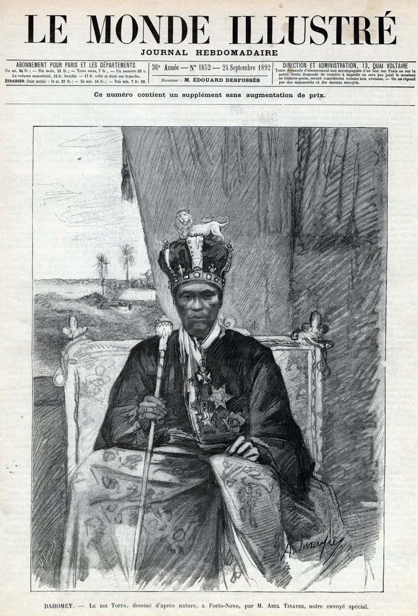 Retrato de Tofa I (Toffa) (circa 1850-1908), rei de Dahomey (Benin) a Porto Novo (Porto-Novo). Um jornal. Gravura em "Le monde illustree" de 1892. Colecção privada. de Anonymous Anonymous