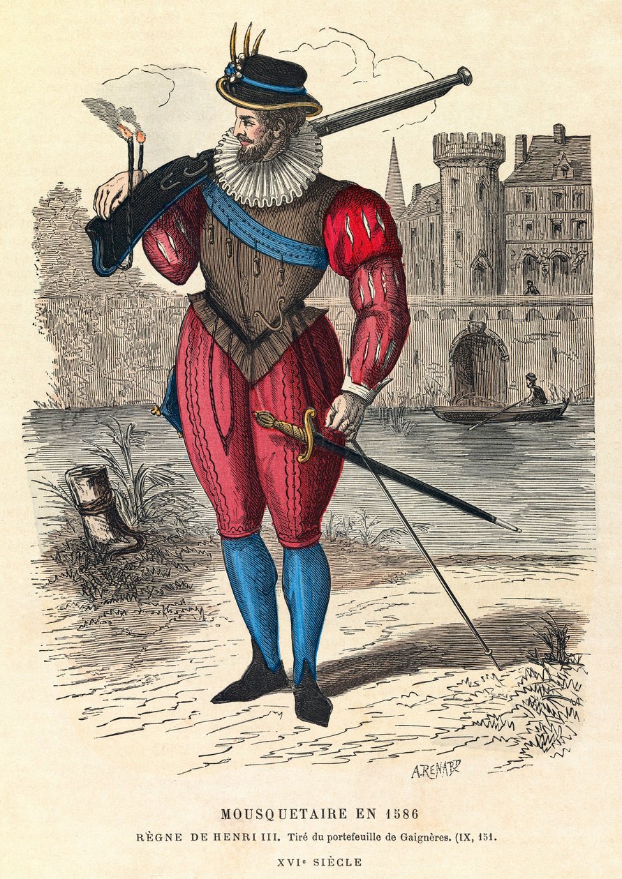 Retrato de um mosqueteiro em 1586 em Paris (sob o reinado do rei Henrique III), gravura, coleção privada - Mosqueteiro em Paris de Anonymous Anonymous