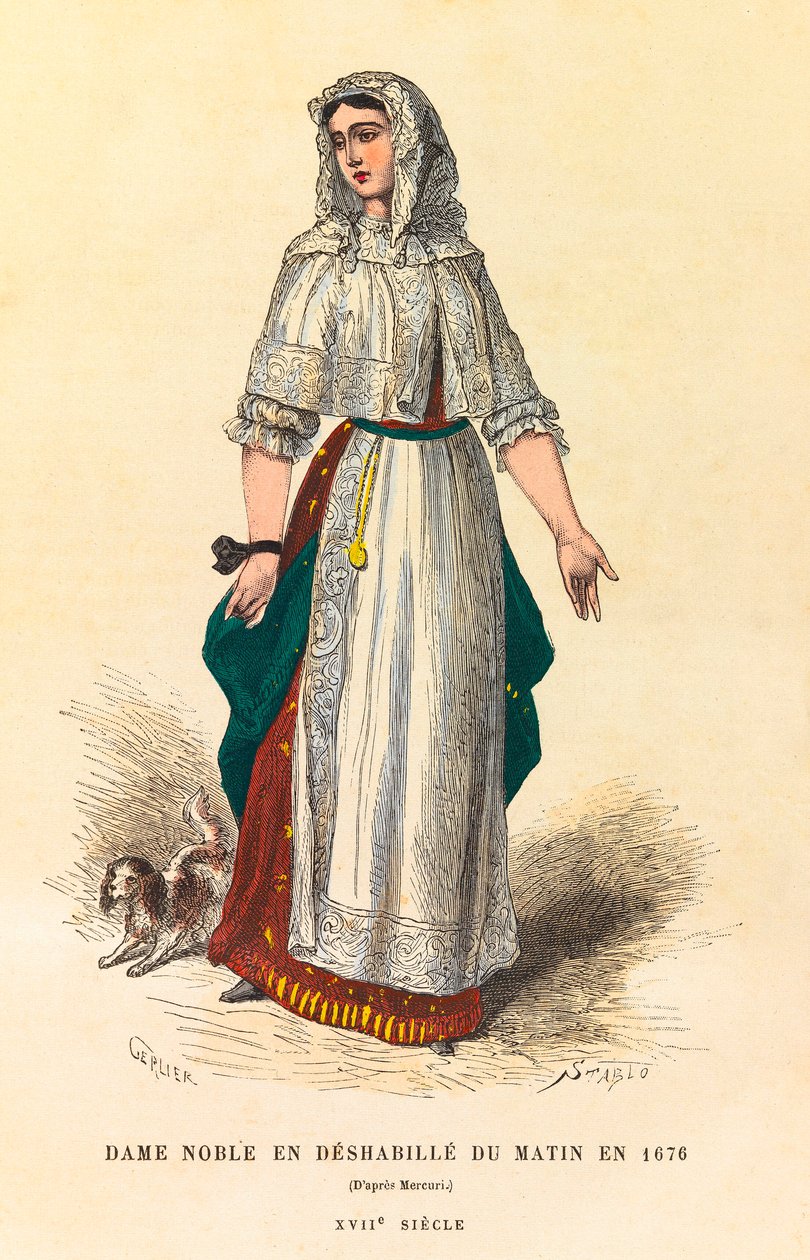 Retrato de uma nobre senhora de vestido matinal em 1676, gravura - coleção particular de Anonymous Anonymous