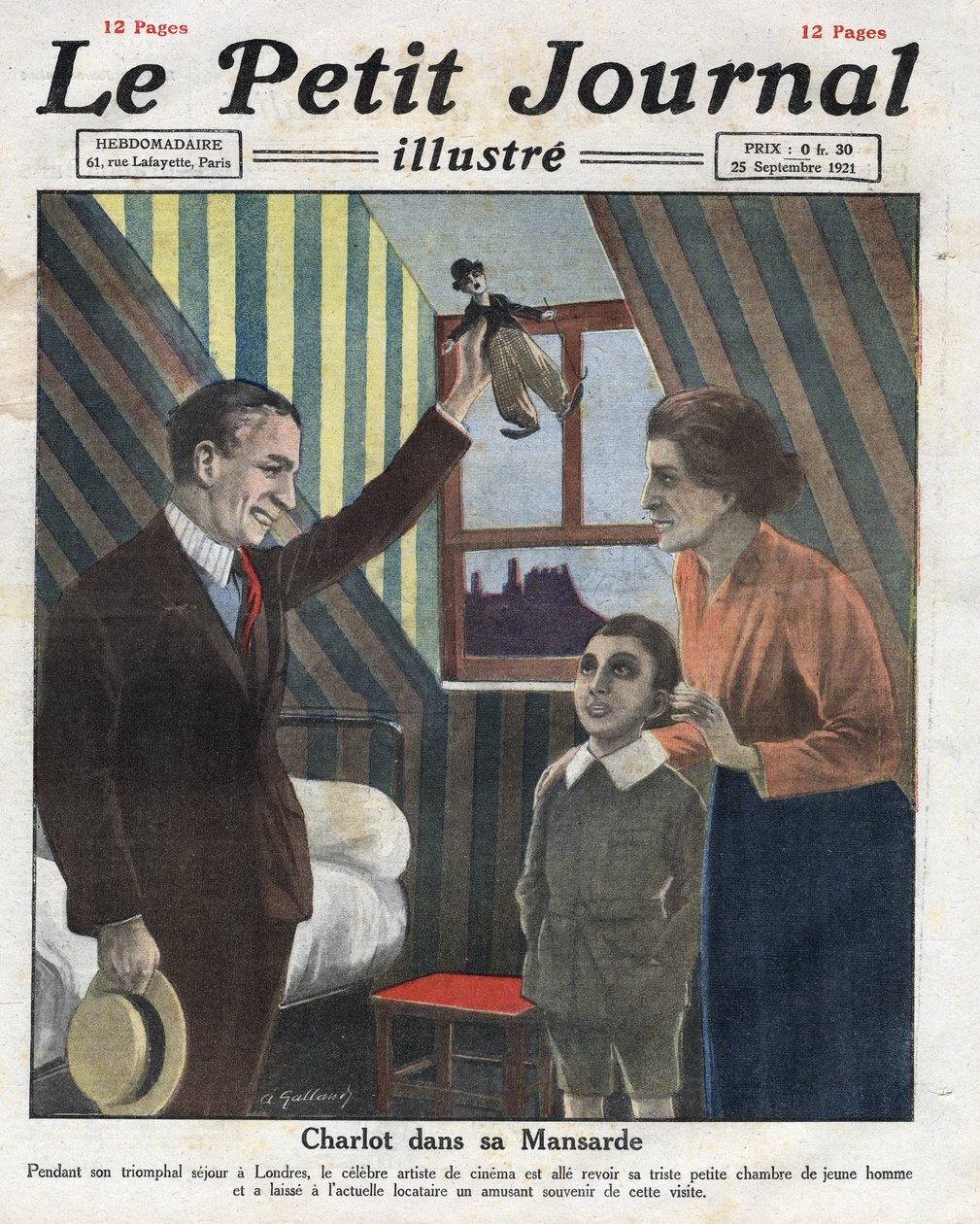Retrato do ator Charlie Chaplin viajando para Londres, visitando seu antigo quarto, ele oferece ao filho da família uma bonequinha de Charlot. Ilustração tirada de "Le petit journal illustrious" de 23/09/1921. Coleção Particular de Anonymous Anonymous
