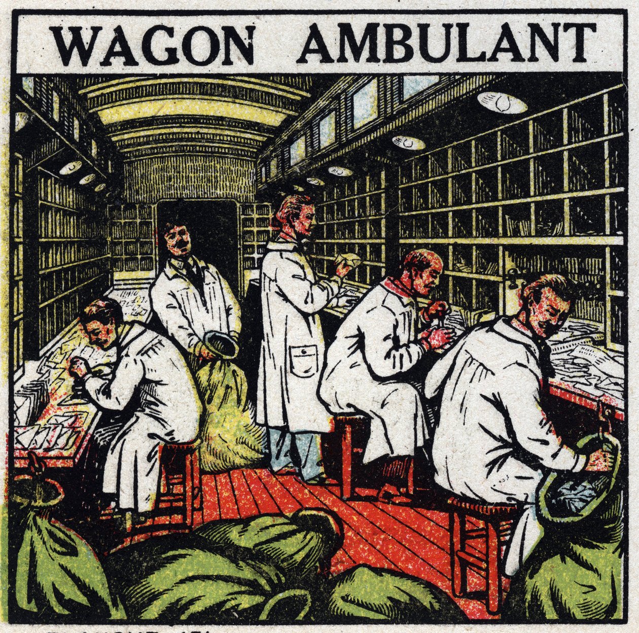 Correios: correios ambulantes em vagão ferroviário. Ilustração anónima de 1925. Coleção privada. de Anonymous Anonymous