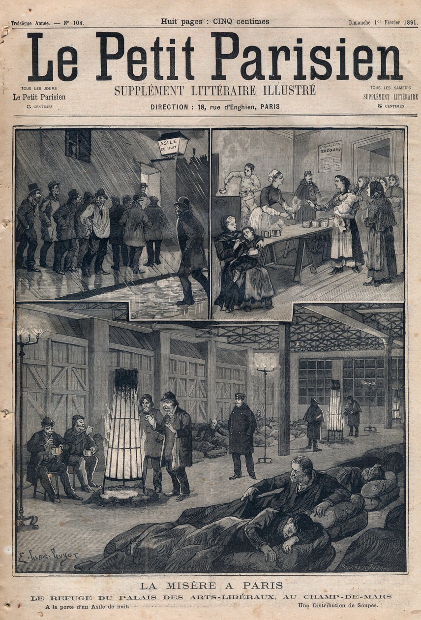A pobreza em Paris: o refúgio do Palais des arts-liberaux (artes liberais) no campo de Março - à porta de um asilo - uma distribuição de sopas. Gravura em "Le petit Parisien", de 1891. Colecção privada. de Anonymous Anonymous