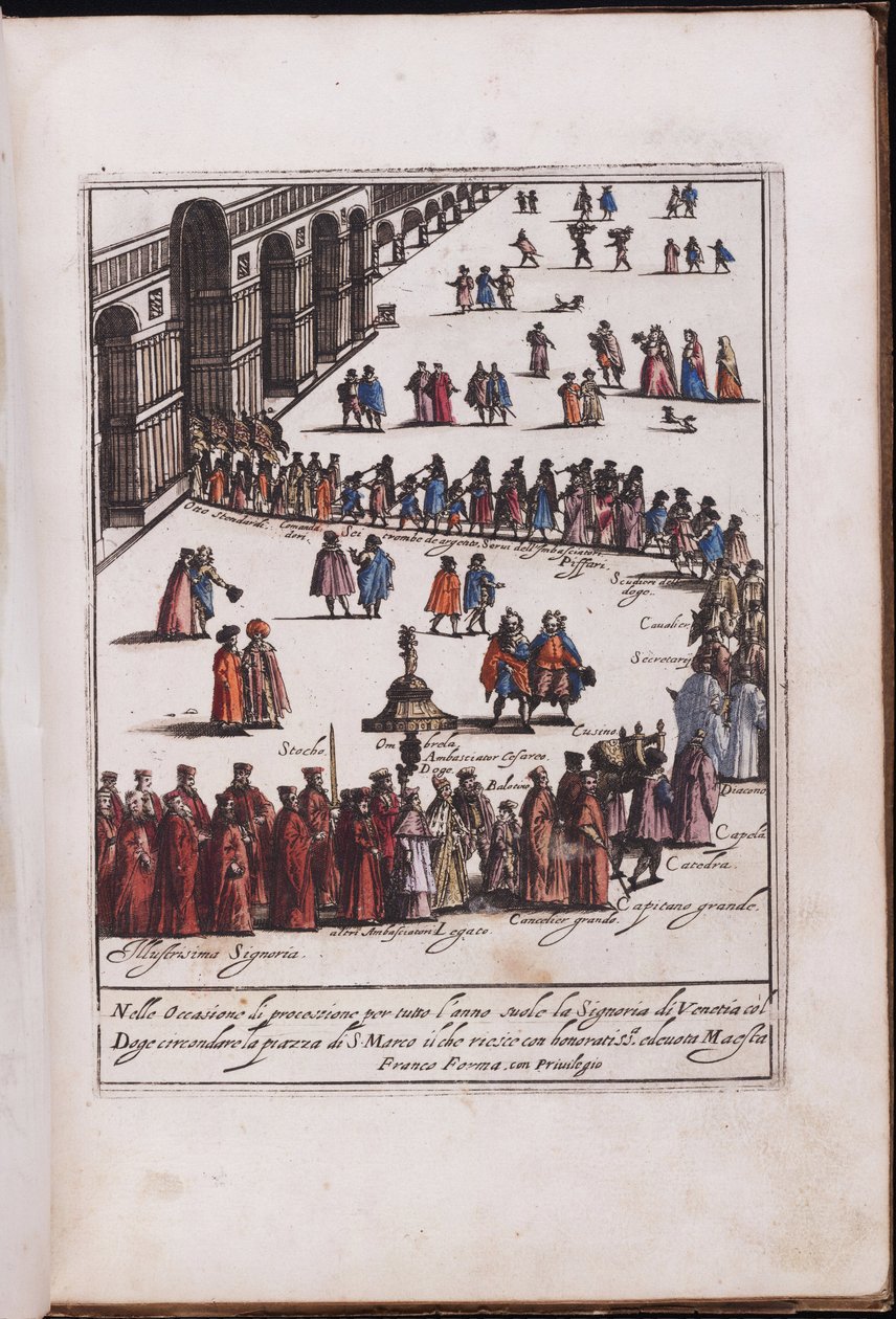 Procession du doge et de son entourage sur la place Saint Marc, Venise - Procession of the Doge and his entourage in the Piazza San Marco in Venice, Anonymous . Gravura em cobre, aguarela de Anonymous Anonymous