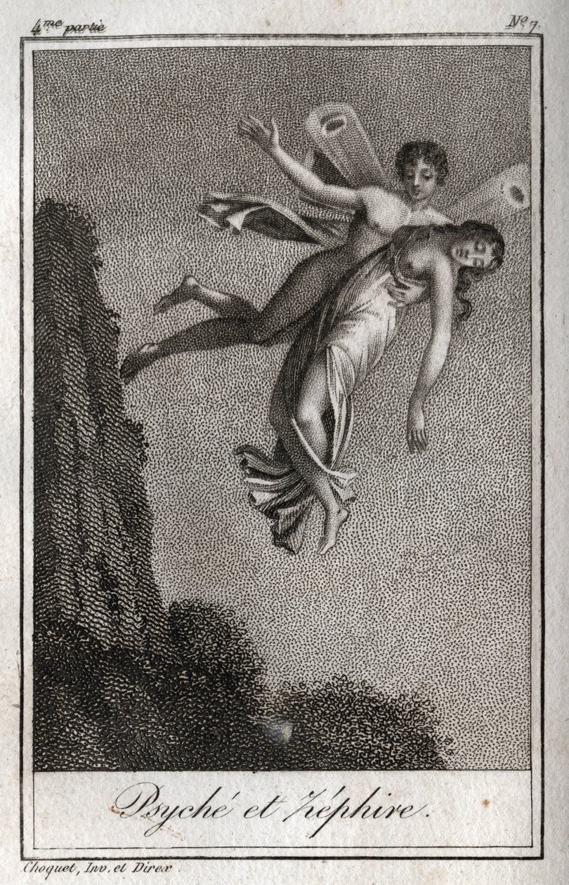 Psique levado por Zephyr. Gravura de 1819 em "Lettres a Emilie sur la mythologie" de Charles Albert Demoustier (1760-1801). Coleção privada. de Anonymous Anonymous