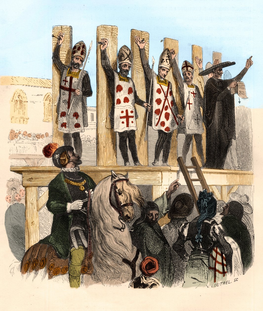 Punição do prego no século XVI. Ilustração em "Mysteres of the Inquisition and Other Secretive Societies of Spain" Por Victor de Fereal, Suberwick, Manuel Galo de Cuendias de Anonymous Anonymous