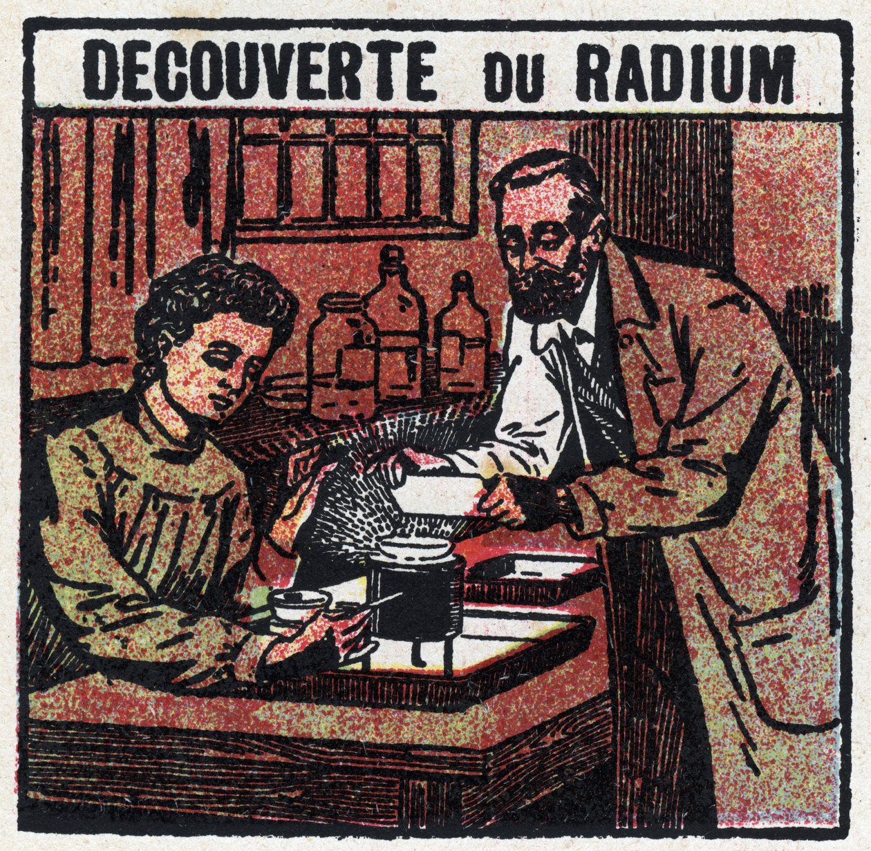 Rádio: rádio descoberto por Pierre (1859-1906) e Marie Curie (1867-1934) em 1898. Ilustração anônima a partir de 1925. Coleção privada. de Anonymous Anonymous