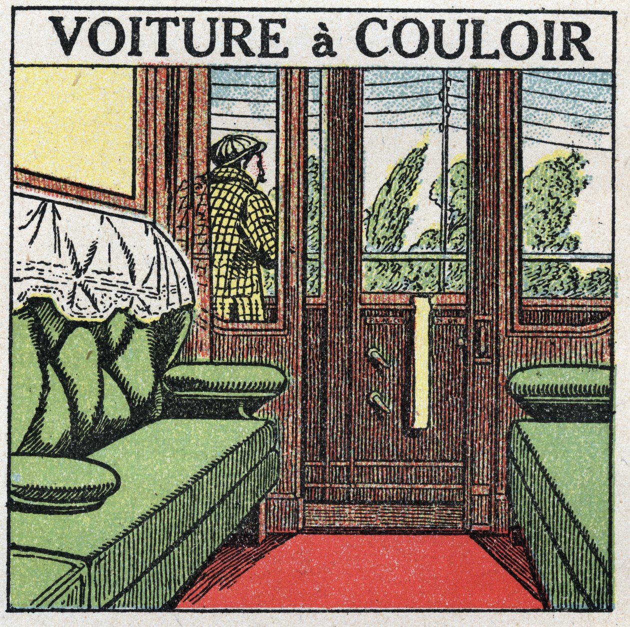 Ferrovias: vagão de corredor. Ilustração anónima de 1925. Coleção particular. de Anonymous Anonymous