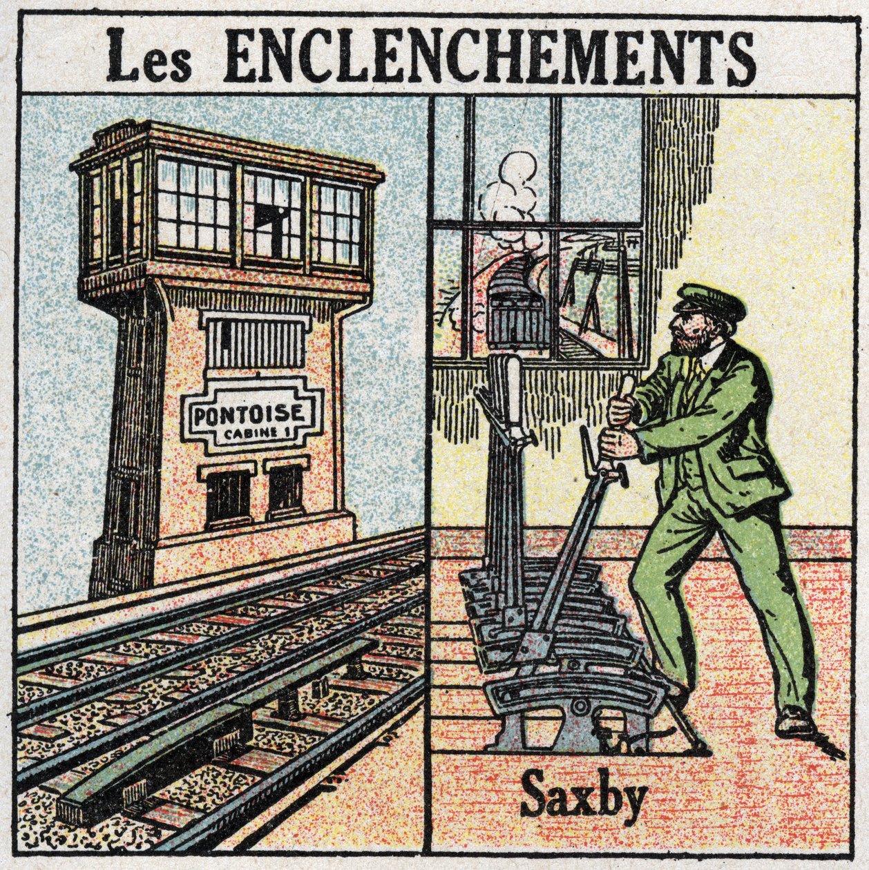 Ferrovias: travamento. Uma ferrovia utilizando uma estação de alavancas individuais Saxby. Ilustração anónima de 1925. Coleção privada. de Anonymous Anonymous