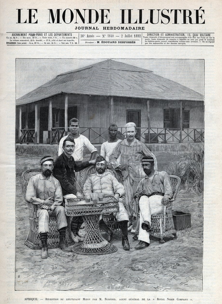 Recepção do Tenente Mizon por Frederick Bedford (1838-1913), agente geral da Royal Niger Company. O explorador francês Louis Alexandre Antoine Mizon (1853-1899), durante a sua viagem à África Ocidental. Um jornal. Gravura em "Le monde illustree" de 1892. de Anonymous Anonymous