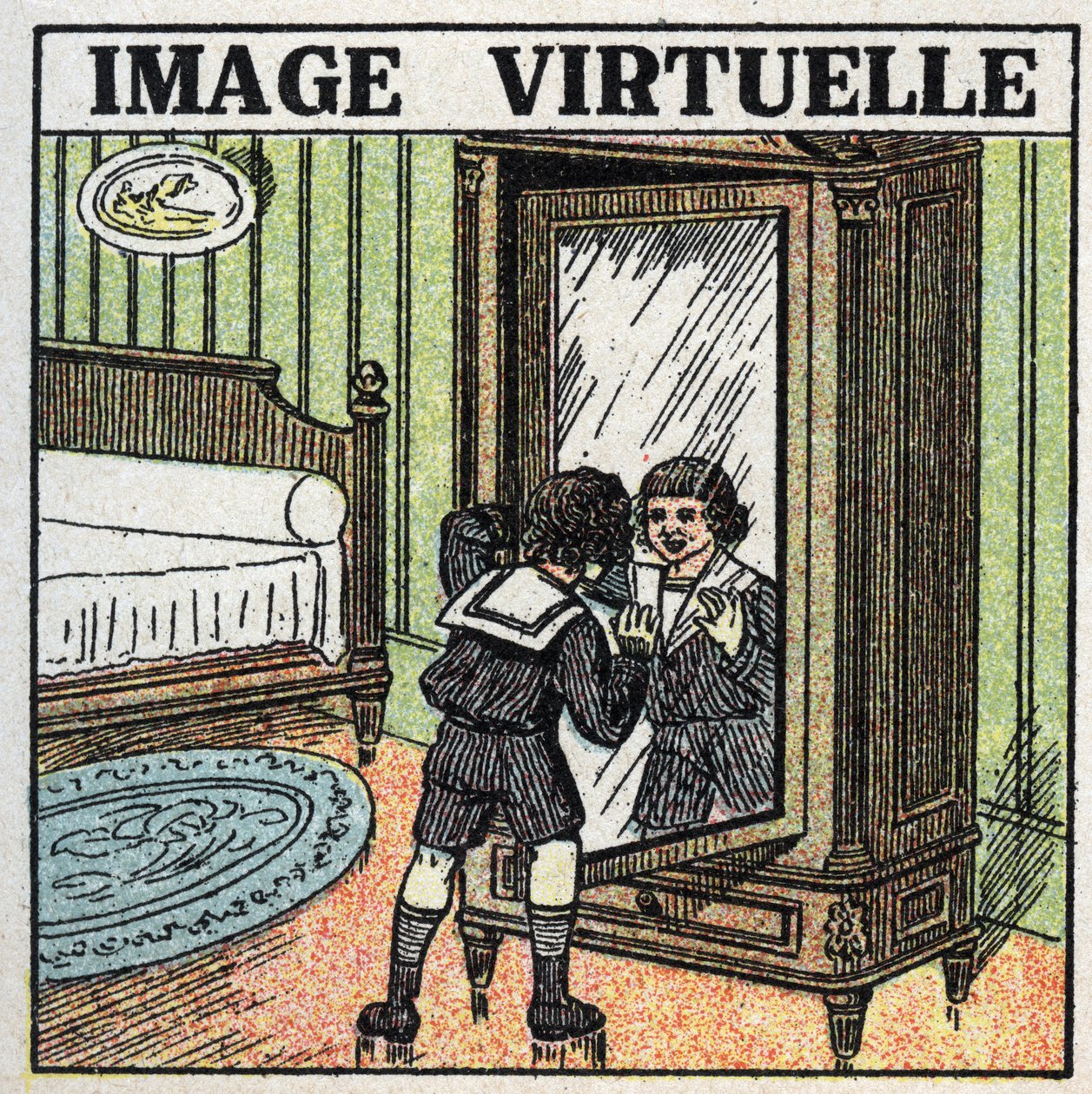 Reflexão da luz: imagem virtual. Uma criança a contemplar o seu reflexo num espelho. Ilustração anónima de 1925. Coleção particular. de Anonymous Anonymous