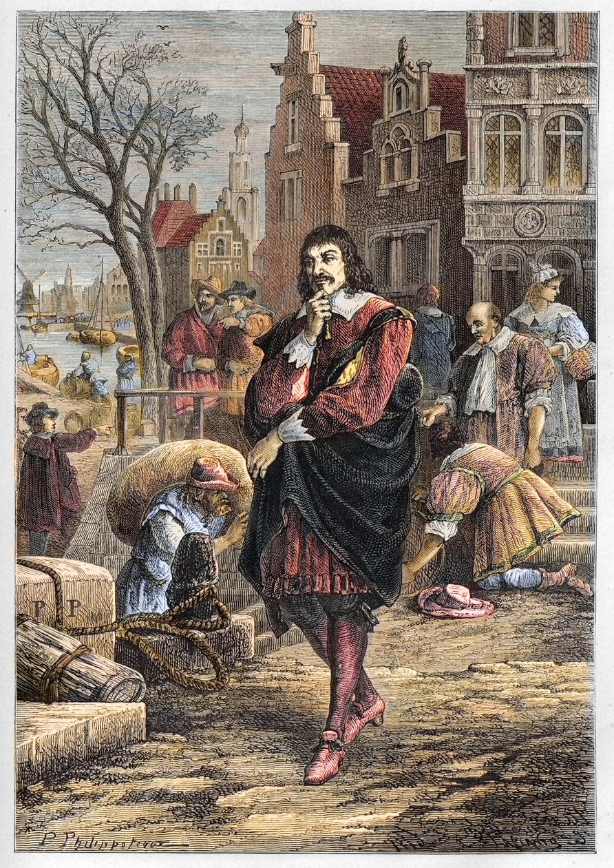 René Descartes (1596-1650), filósofo e matemático francês andando pelas ruas de Amsterdã - Descartes in Amsterdam - gravura de "L