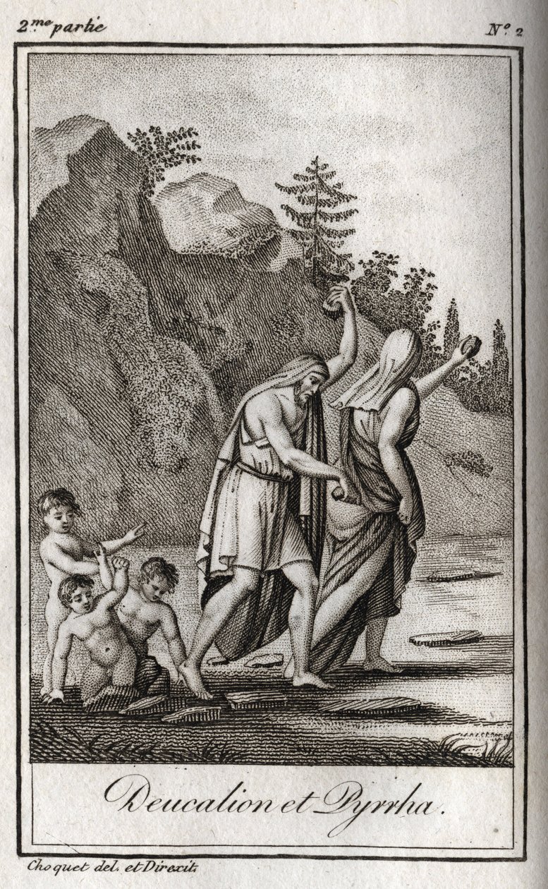 Representação de Deucalion e Pyrrha, os únicos sobreviventes após o dilúvio causado por Zeus para destruir a raça humana. Themis, depois do dilúvio, pede-lhes que andem com a cabeça coberta, atirando atrás deles os ossos de sua mãe (as pedras da Terra) (Re de Anonymous Anonymous