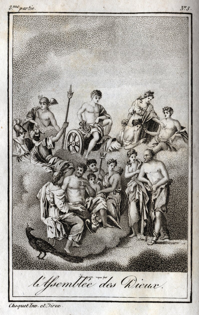 Representação da Assembleia dos Deuses no monte Olimpo ou Doze Olimpíadas. Gravação de 1819 em "Lettres a Emilie sur la mythologie" de Charles Albert Demoustier (1760-1801). Coleção particular. de Anonymous Anonymous