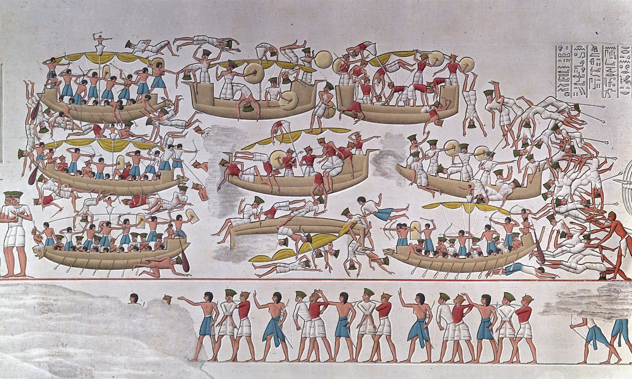 Representação da Batalha do Delta do Nilo entre as Armees de Ramsés III e os Povos do Mar" De um relevo ao templo funerário de Medinet Habou, Egipto de Anonymous Anonymous