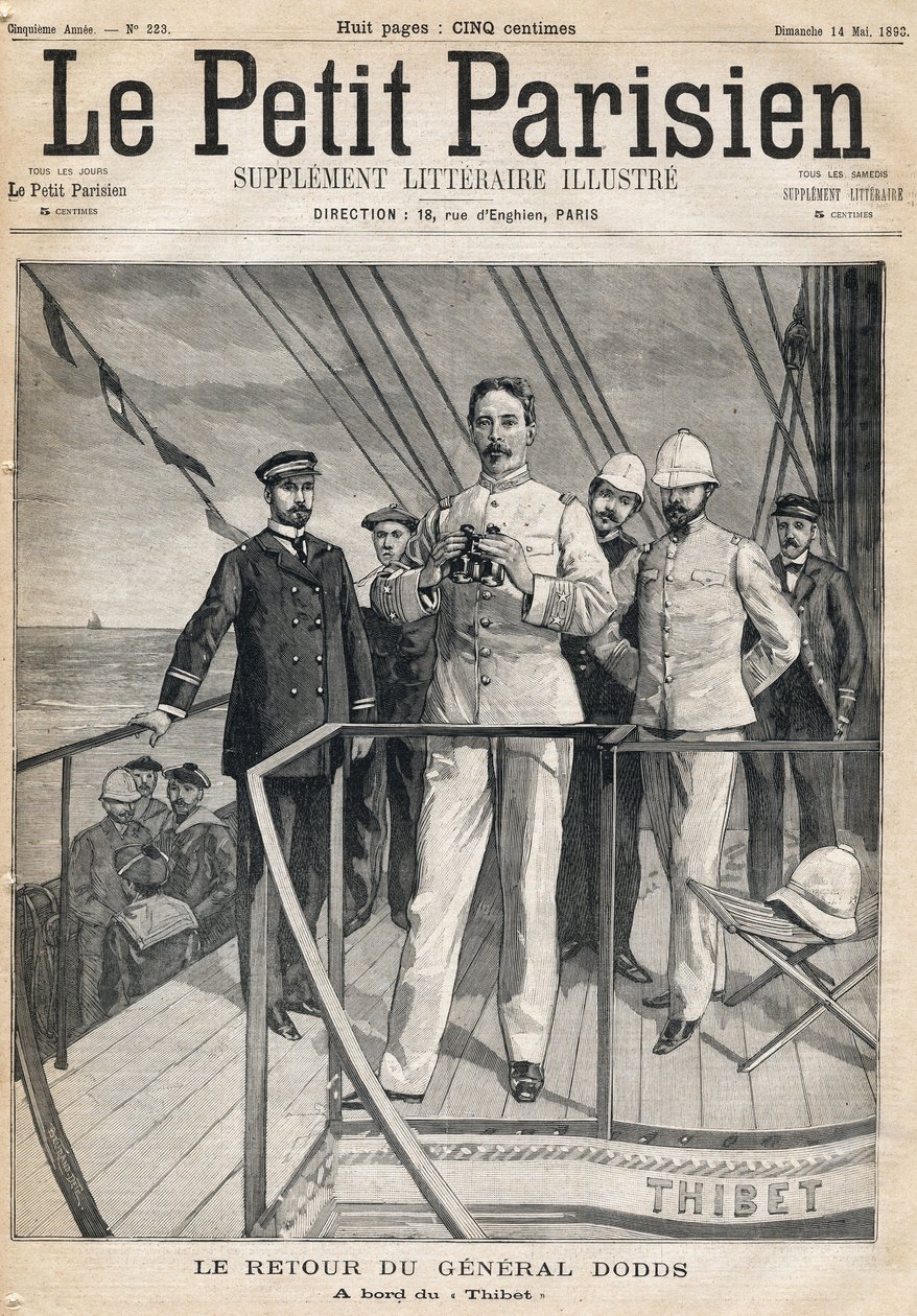 Regresso do General Alfred Dodds (1842-1922) da expedição Dahomet a bordo do Thibet. Um dos jornais "Le Petit Parisien" em 14/05/1893. de Anonymous Anonymous