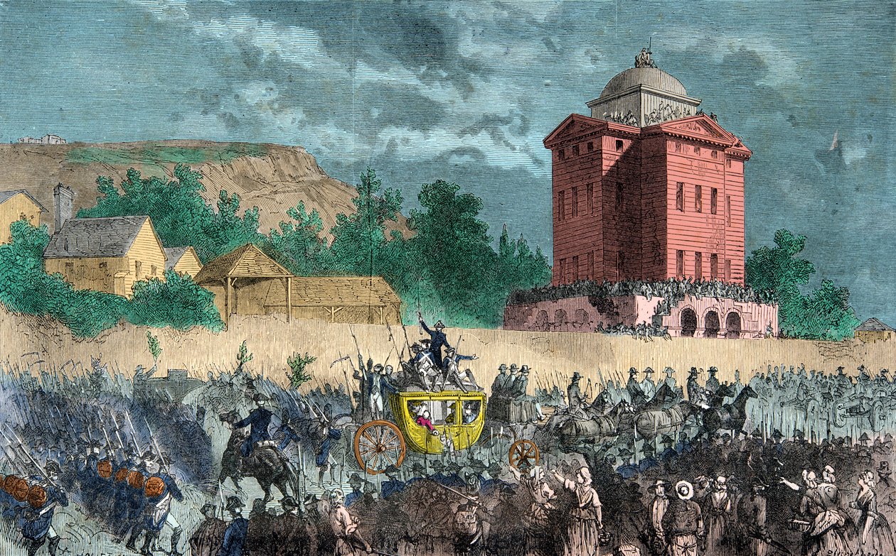 Regresso de Varennes, a família real trazida a Paris em 25 de Junho de 1791, Gravura, Colecção Privada de Anonymous Anonymous