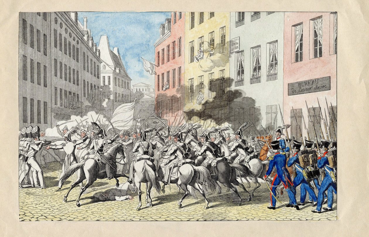 Revolution de juillet 1830 a Paris (A Revolução de Julho de 1830) Gravura anónima e aguarela 1830 Dim 25,7x40,3 cm Colecção Privada de Anonymous Anonymous