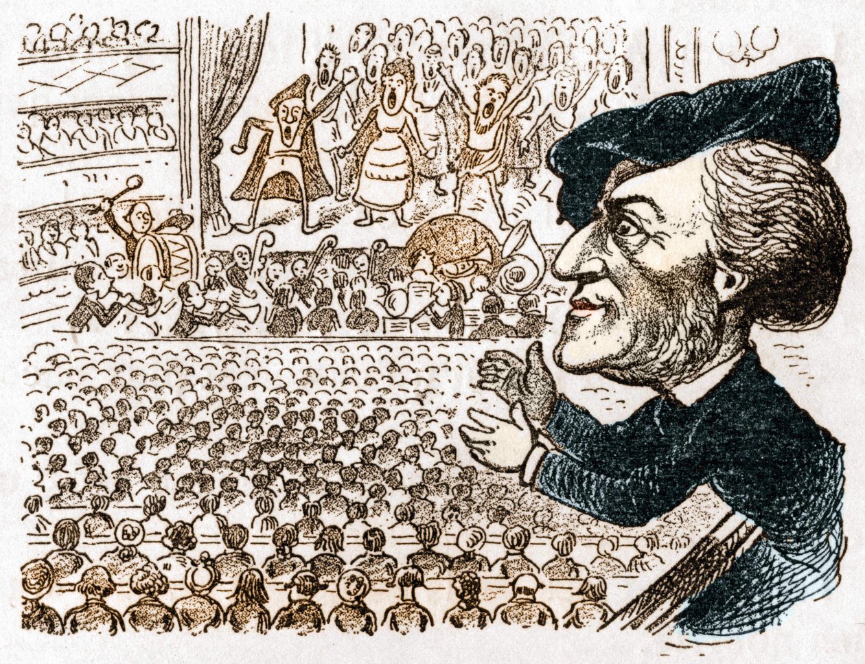 Richard Wagner emprega centenas de cantores, músicos, milhões de pessoas alugam lugares e ele é o único a aplaudir. Desenho animado sobre o compositor alemão Richard Wagner (1813 - 1883) de Les moreurs et la caricature en allemand, de J. Grand-Carteret. Po de Anonymous Anonymous