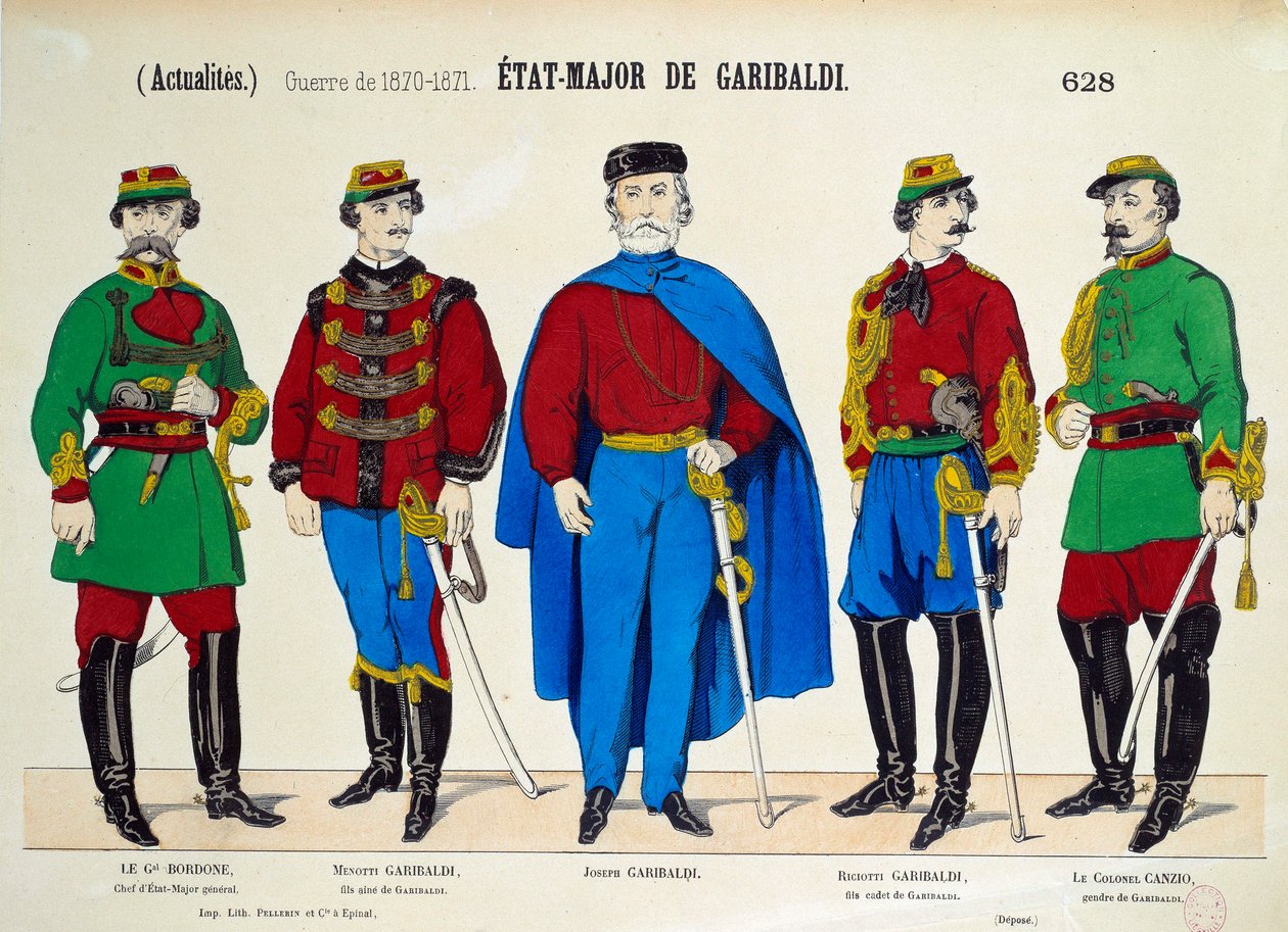 Risorgimento: Estado-Maior General de Giuseppe Garibaldi (1807-1882). Os heróis da União Italiana são representados rodeados pelos seus dois filhos Menotti e Riciotti, pelo General Bordone e pelo Coronel Canzio. Gravura por volta de 1870 Paris, Musee Carna de Anonymous Anonymous