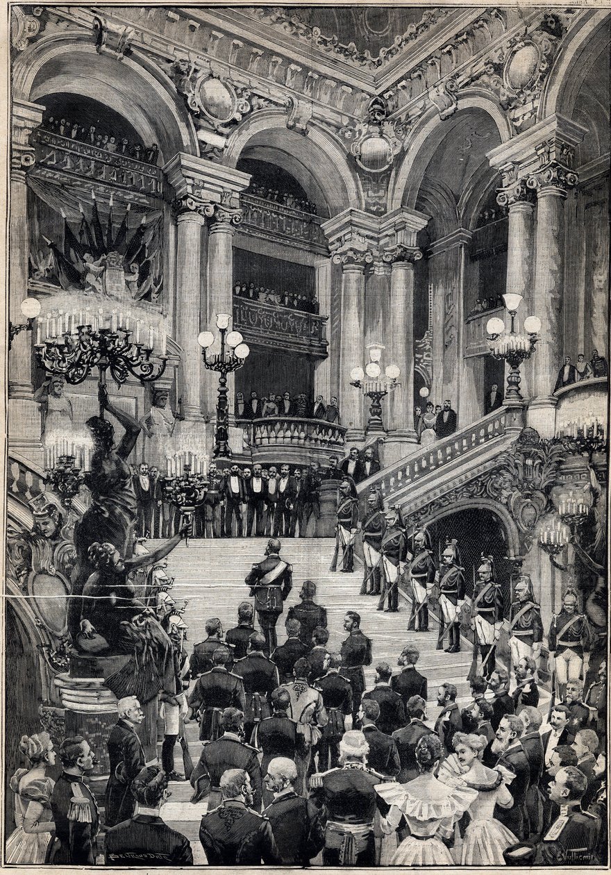 Marinheiros russos sobem a grande escadaria durante uma noite de Gala na Ópera Garnier em Paris. Gravura no "Le Petit Parisien" em 29/10/1893. de Anonymous Anonymous