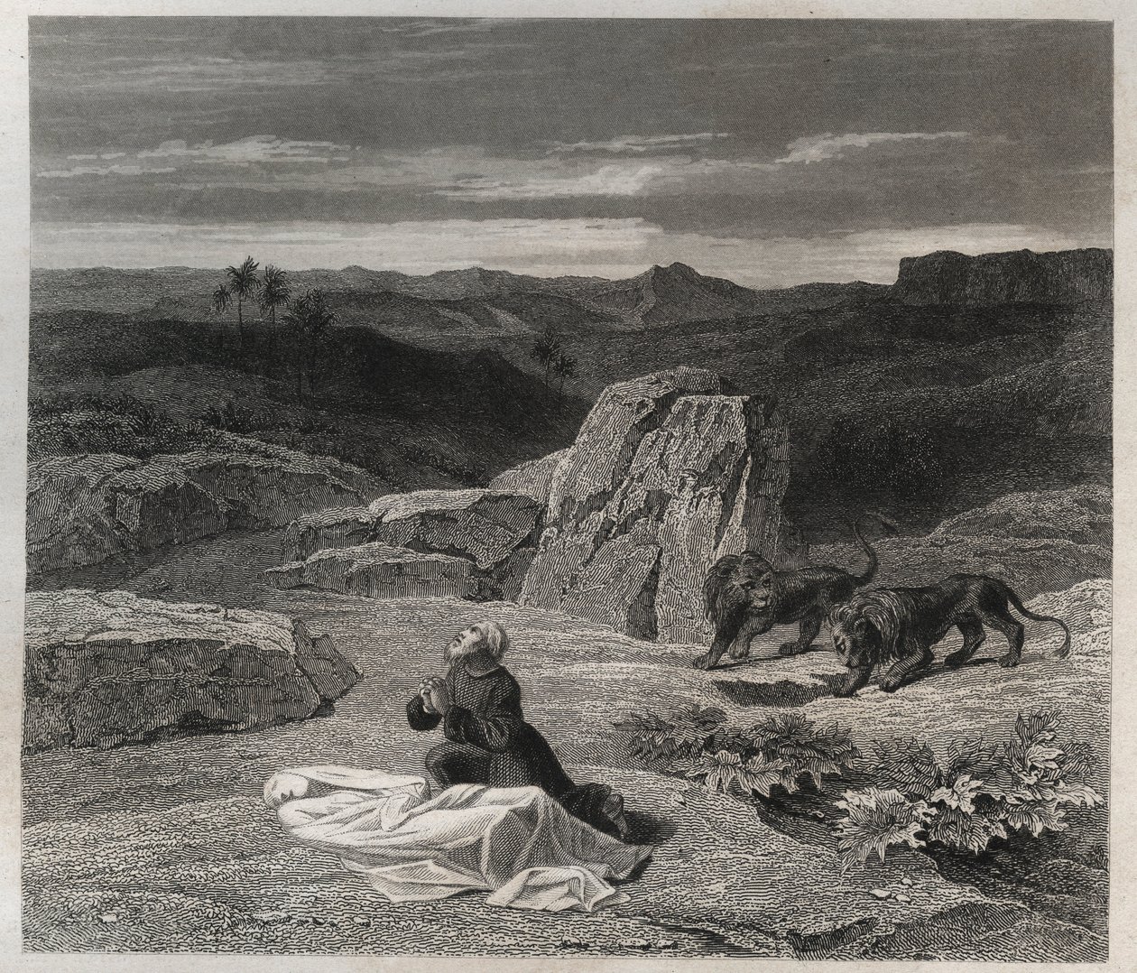 Santo Antônio Abbe (Santo Antônio o Grande (250/251-356) (ou Santo Antônio o Eremita) enterrou São Paulo de Tebas no deserto. Gravura de 1846 em "Vidas dos Santos". Coleção privada. de Anonymous Anonymous