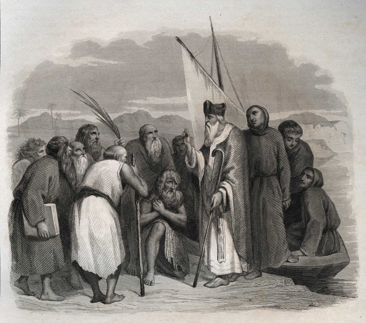 Santo Atanásio de Alexandria (Atanásio o Grande) (295-373) visitando os solitários do Egito. Gravura de 1846 em "Vidas dos Santos". Coleção privada. de Anonymous Anonymous