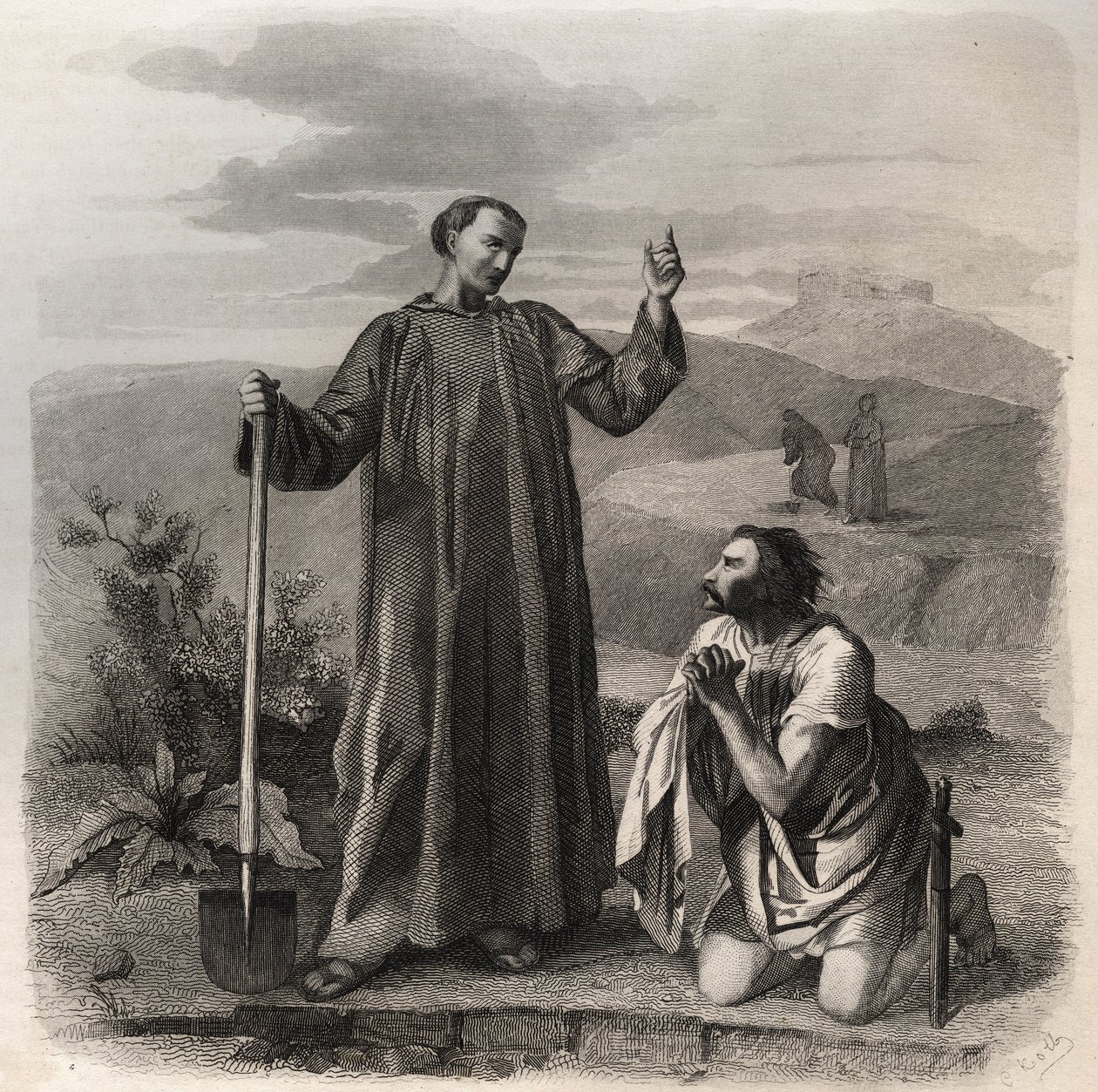 São Bento de Nursia dá as boas-vindas a Totila (século VI) rei dos Ostrogodos. Gravura de 1846 em "Vidas dos Santos". Coleção particular. de Anonymous Anonymous