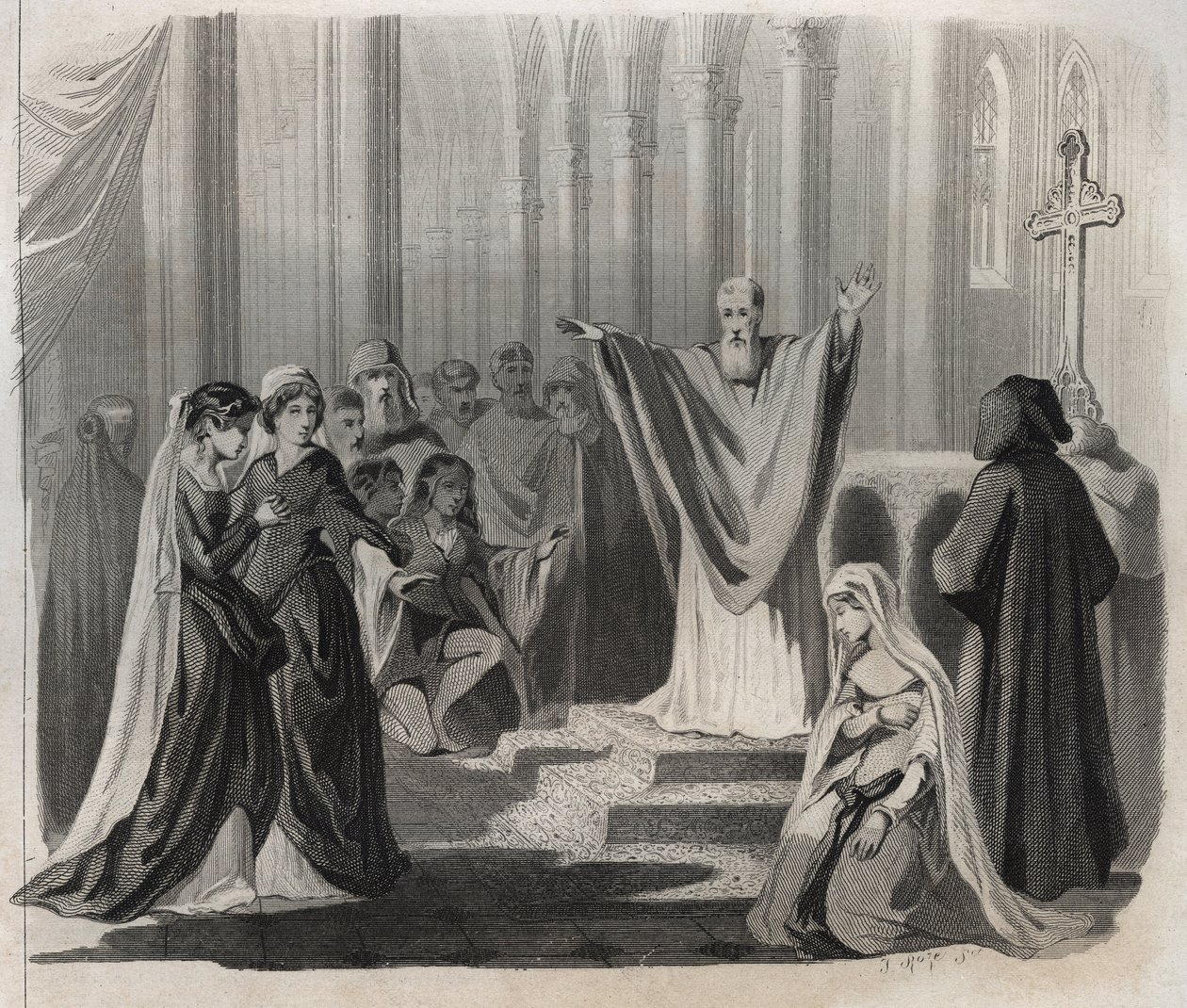 São Dunstan (ca. 909-988), eveque de Cantuária, beneditino e reformador da vida monástica na Inglaterra, anunciando sua morte iminente ao povo. Gravura de 1846 em "Lives of the saints". Coleção privada. de Anonymous Anonymous