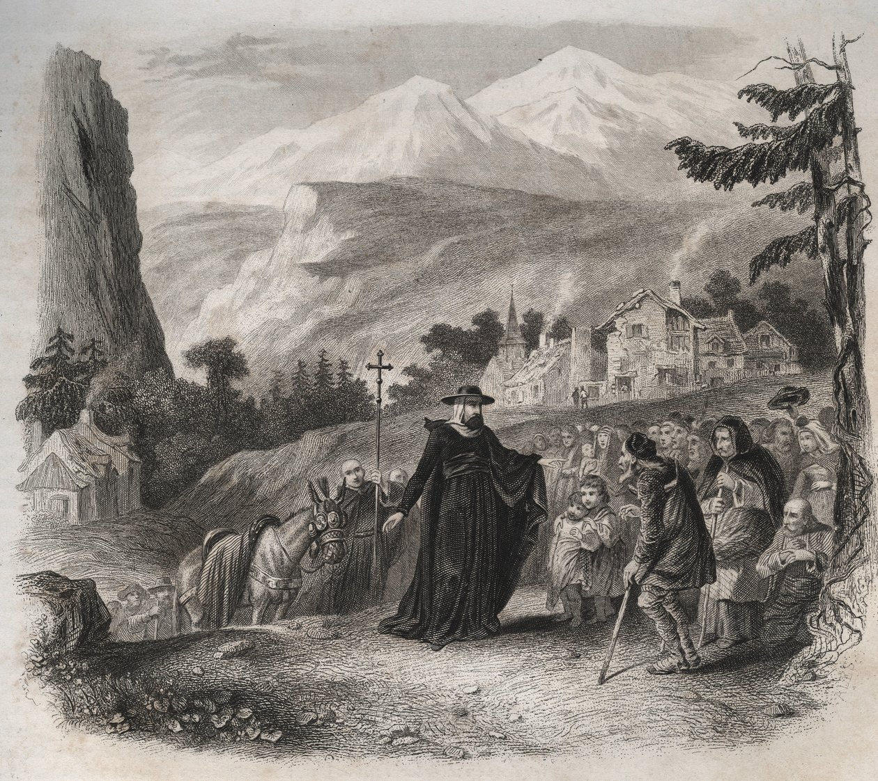 São François de Sales (1567-1622), eveque de Genebra em visita pastoral. Gravura de 1846 em "Vidas dos Santos". Coleção particular. de Anonymous Anonymous