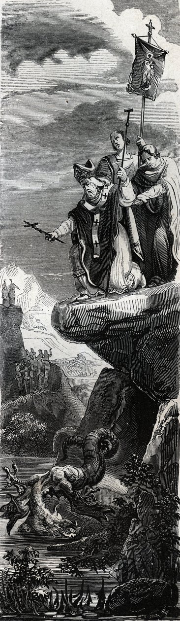 Frente Santa (primeira evangelizadora do Perigord) (século III) precipitando o dragão na Dordogne - Gravura de 1846 em "Vidas dos Santos". Coleção particular. de Anonymous Anonymous