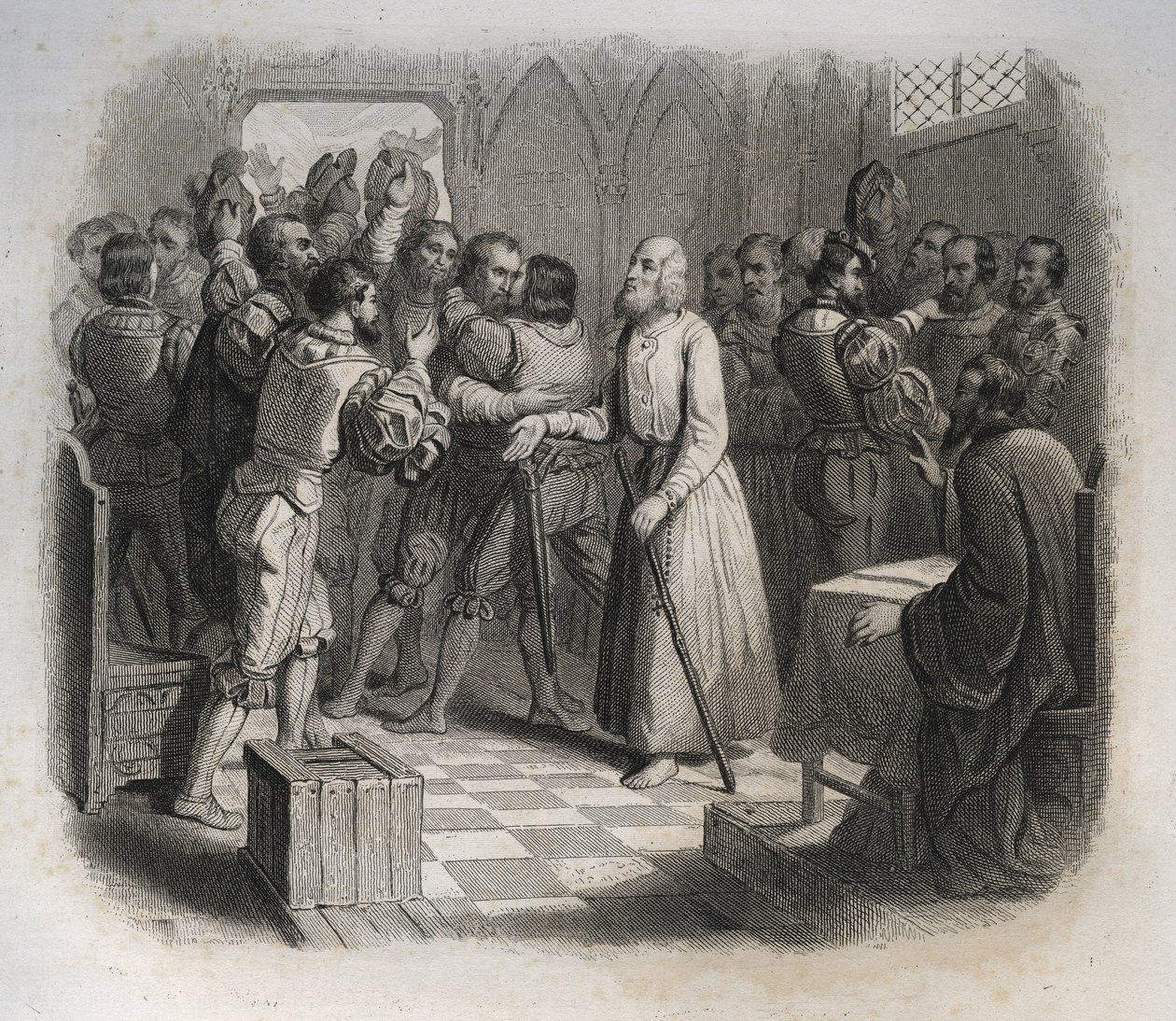 São Nicolau (Nicholas) de Flue ou Irmão Klaus (1417-1487), um eremita suíço que reconciliava os confederados suíços que estavam prestes a iniciar a guerra civil. Gravura de 1846 em "Vidas dos Santos". Coleção privada. de Anonymous Anonymous