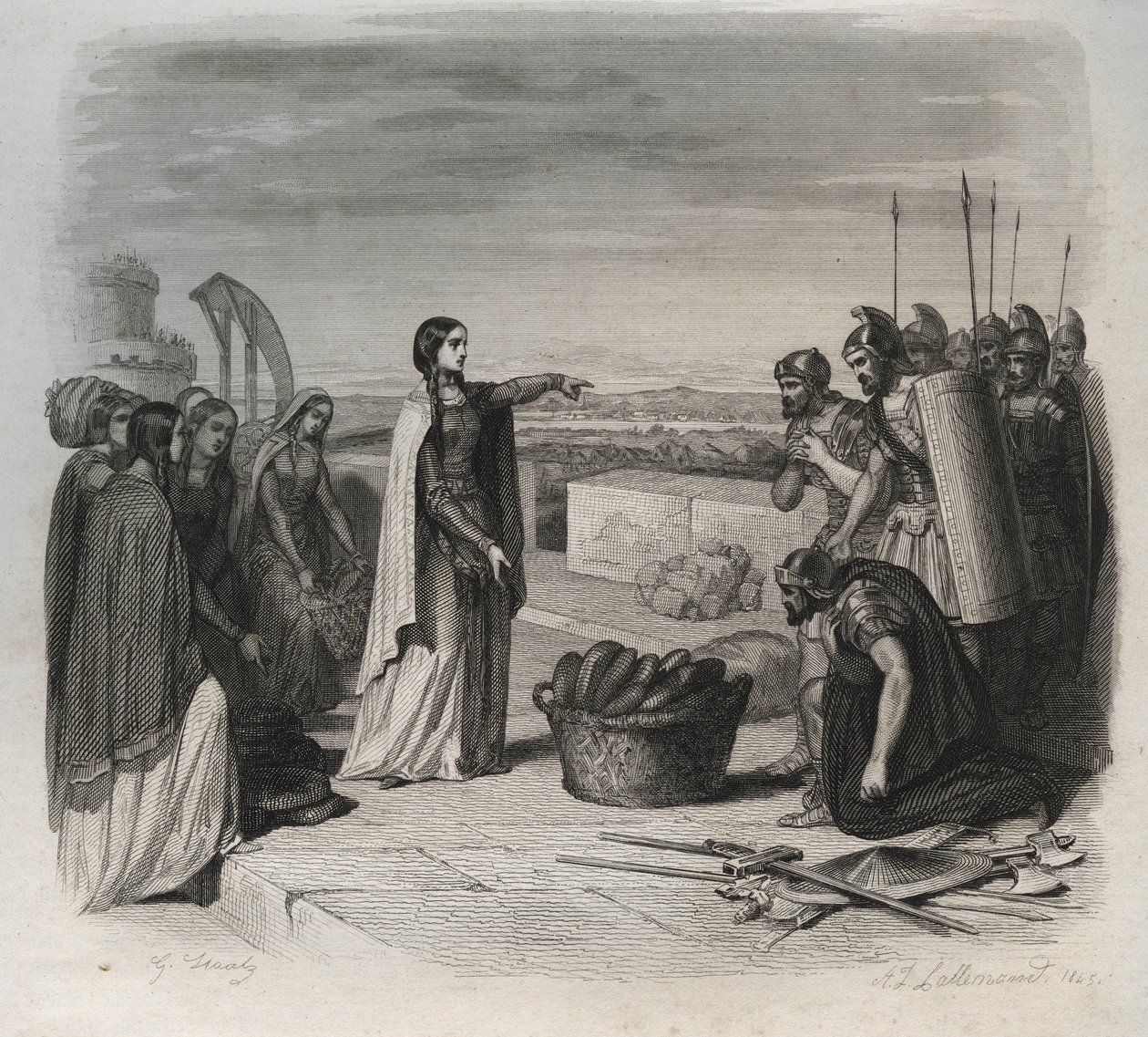 Sainte Genevieve distribuiu alimentos ao povo durante o cerco de Paris pelo exército dos Hunos de Átila em 451 (invasões bárbaras). Gravura a partir de 1846 em "Vidas dos Santos". Coleção privada. de Anonymous Anonymous