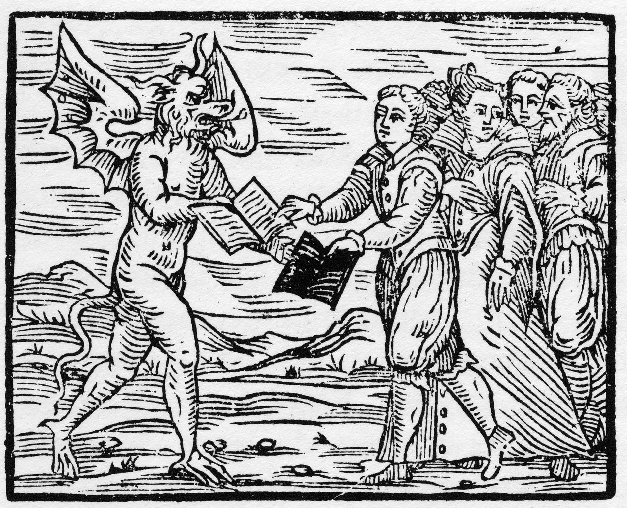 Satanás apresenta um livro negro aos seguidores em troca do livro dos Evangelhos - "Compendium Maleficarum", trata das bruxas, dos seus infortúnios e das suas faculdades por Francesco Maria Guazzo ou Guaccio ou Guaccius (15?? -16??) 1608 Coleção Privada de Anonymous Anonymous
