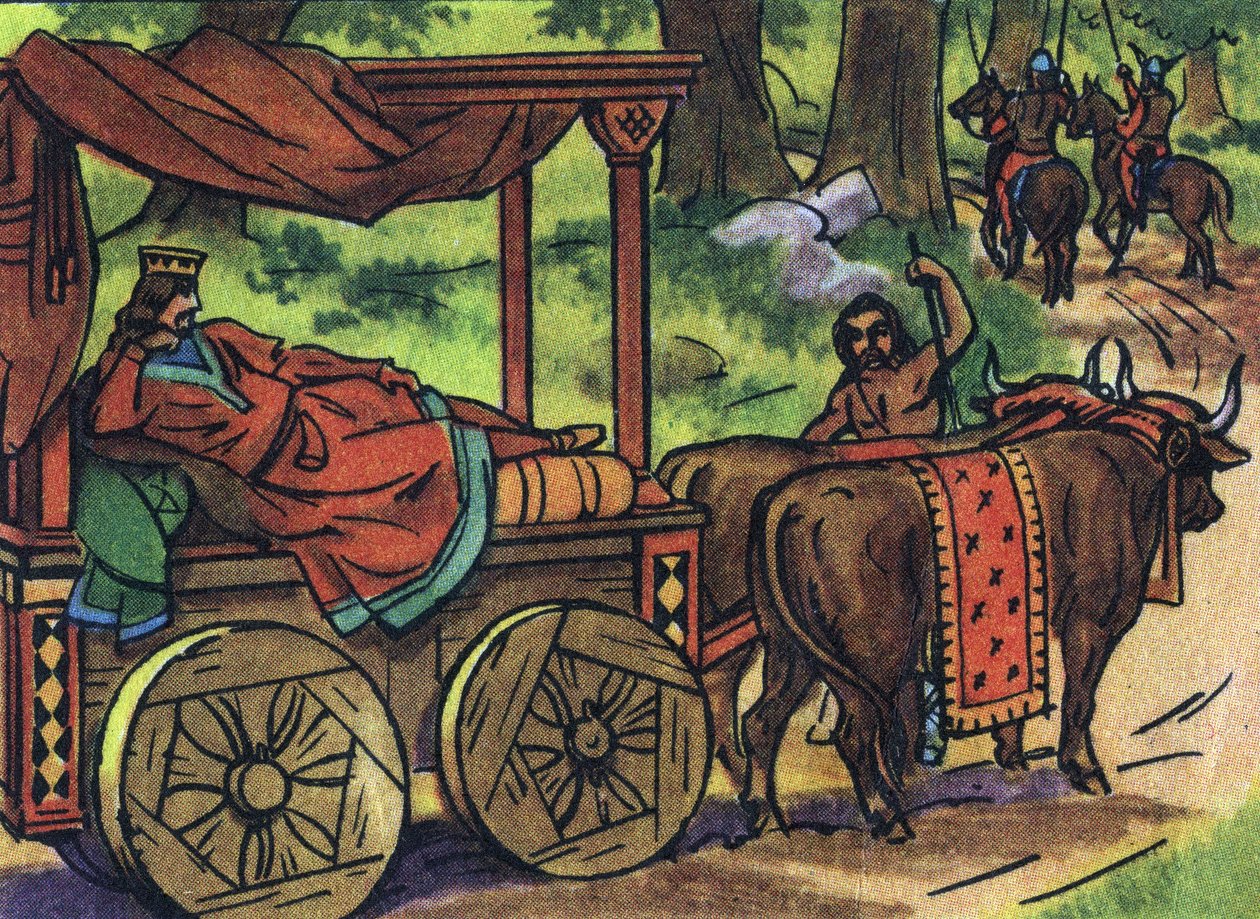 Cena retratando os reis preguiçosos: Rei de França Thierry III (673-691) transporta num tanque com uma cama puxada por bois. Ilustração anónima na "Collection des souverains et chefs d