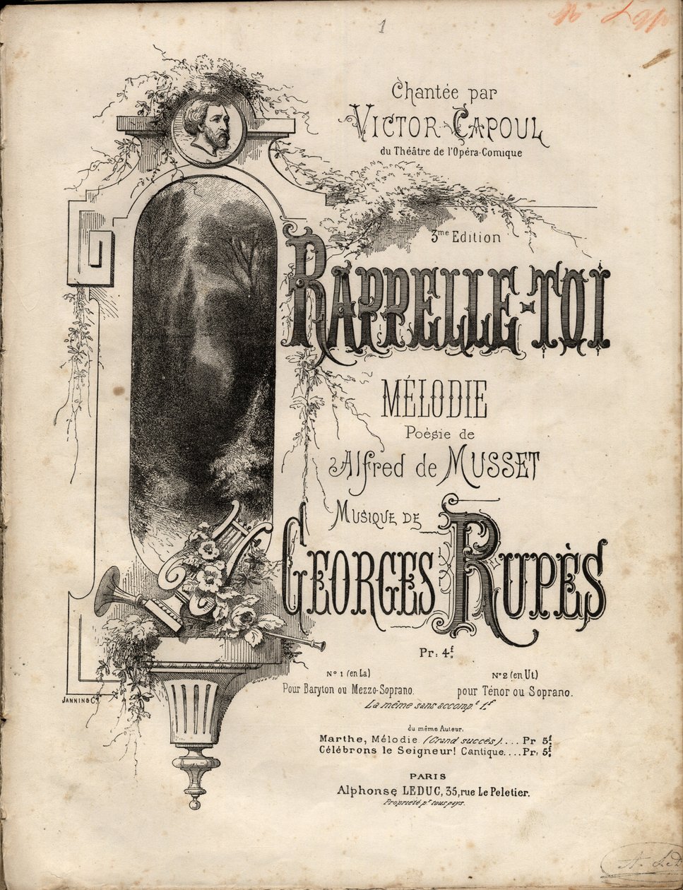 Nota da melodia "remember-se" de Georges Rupes após uma poesia de Aldre de Musset. Colecção privada. de Anonymous Anonymous