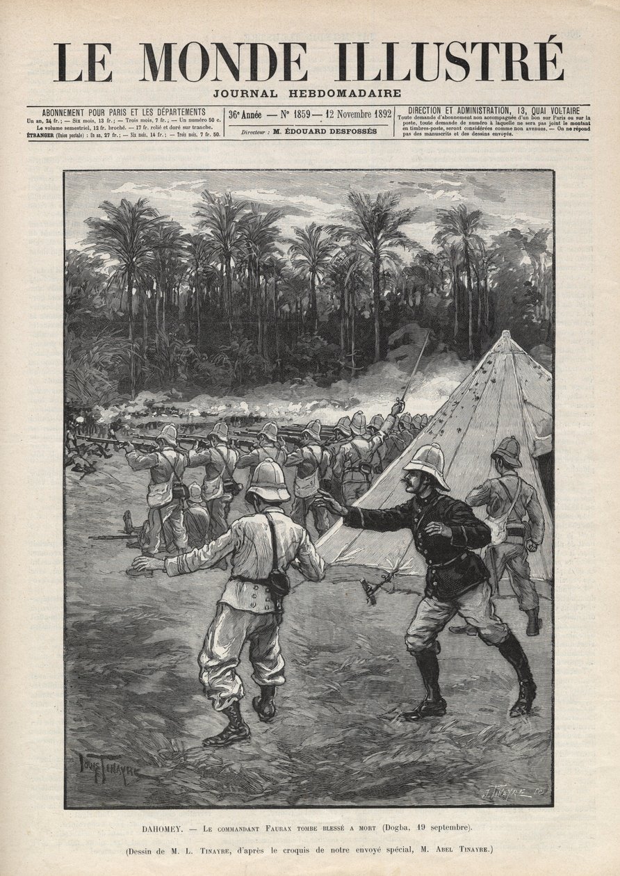 Segunda Guerra de Dahomey (1892-1894): morte do comandante francês Faurax durante a Batalha de Dogba em 19 de Setembro de 1892 em Dahomey (agora Benin). Um jornal. Gravura em "Le monde illustree" de 1892. Colecção privada. de Anonymous Anonymous