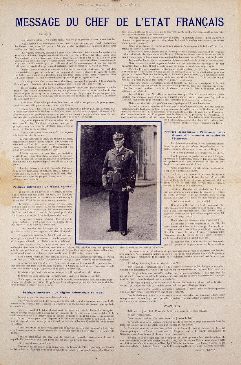 Segunda Guerra Mundial e Vichy regime: mensagem do chefe de Estado francês Philippe Petain publicada após o armistício assinado pela França em junho de 1940 e apresentando o programa da Revolução Nacional, outono de 1940. Coleção Particular de Anonymous Anonymous
