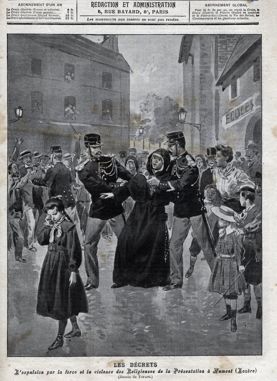 Separação da igreja e do estado - Expulsão de freiras de suas escolas pelas autoridades policiais em Humont (Lozere) - capa da "la-croix illustree" de 1902 - de Anonymous Anonymous