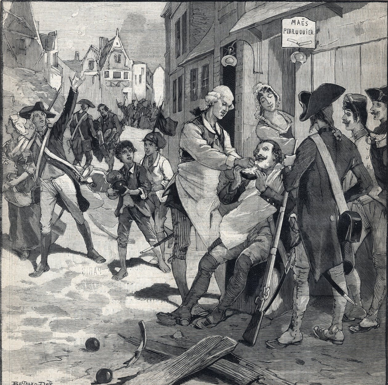 Sítio de Lille em 1792: Peruca Maes usando um estilhaço de bomba como prato de barba para barbear um cliente. Gravação em "Le petit parisien" em 16/10/1892. Coleção Particular de Anonymous Anonymous