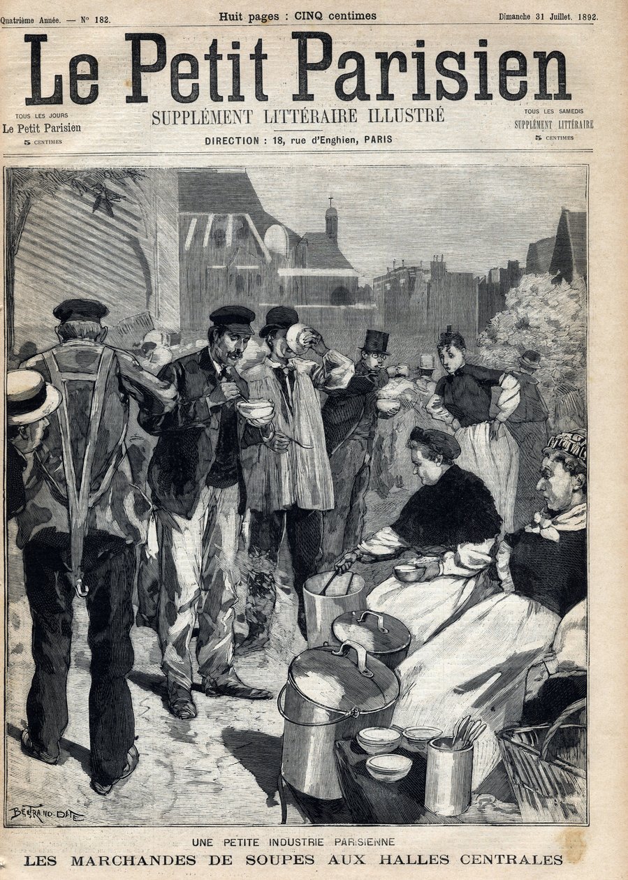 Pequena indústria parisiense: comerciantes de sopas nos mercados centrais. Gravura. Um dos jornais "Le petit parisien" em 31/07/1892. Coleção Particular de Anonymous Anonymous