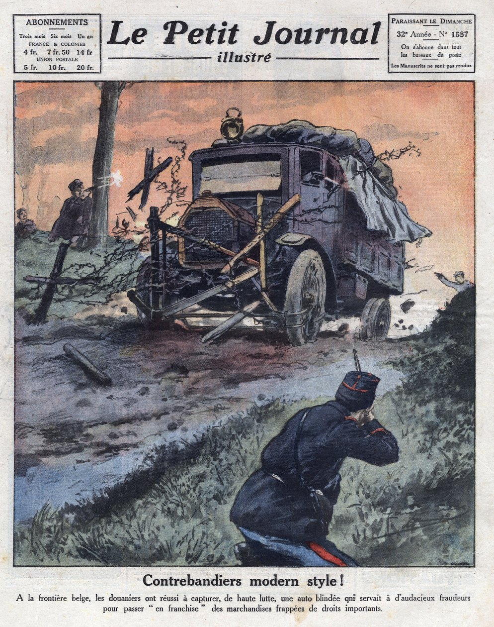 Contrabandistas a bordo de um carro blindado carregado com maços de tabaco atravessaram a fronteira belga à força e foram neutralizados pelos funcionários da alfândega. Ilustração retirada do "Le petit journal illustrious" de 22/05/1921. Coleção Particular de Anonymous Anonymous