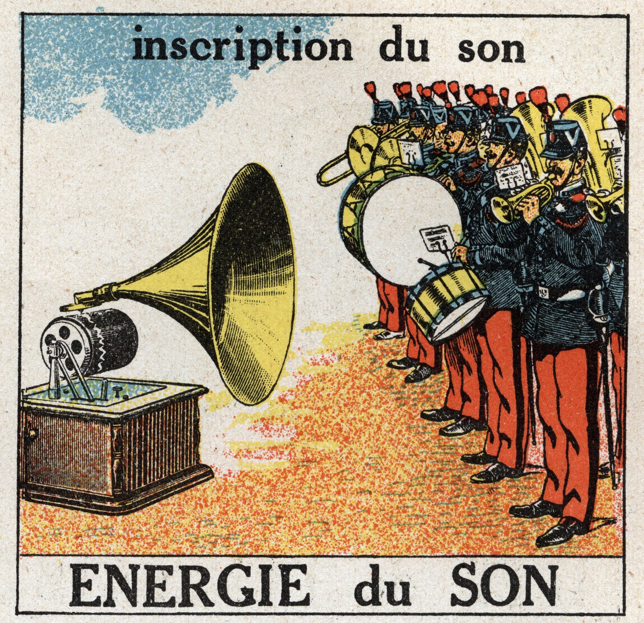 Energia sonora: gravação da música de uma banda militar com um gramofone. Ilustração anônima de 1925. Coleção particular. de Anonymous Anonymous