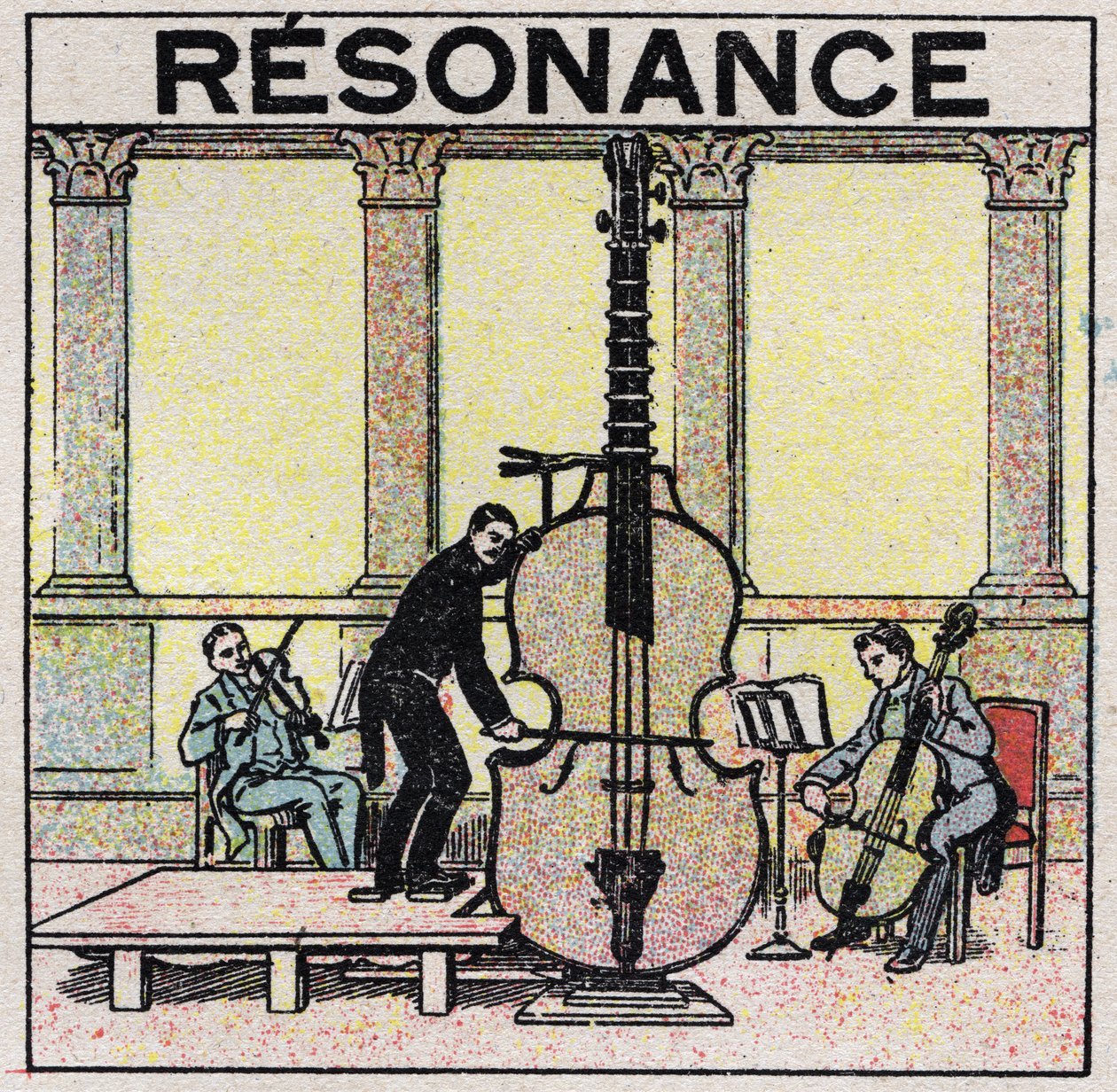 Energia sonora: ressonância utilizada no estabelecimento de instrumentos musicais. Ilustração anónima a partir de 1925. Coleção particular. de Anonymous Anonymous