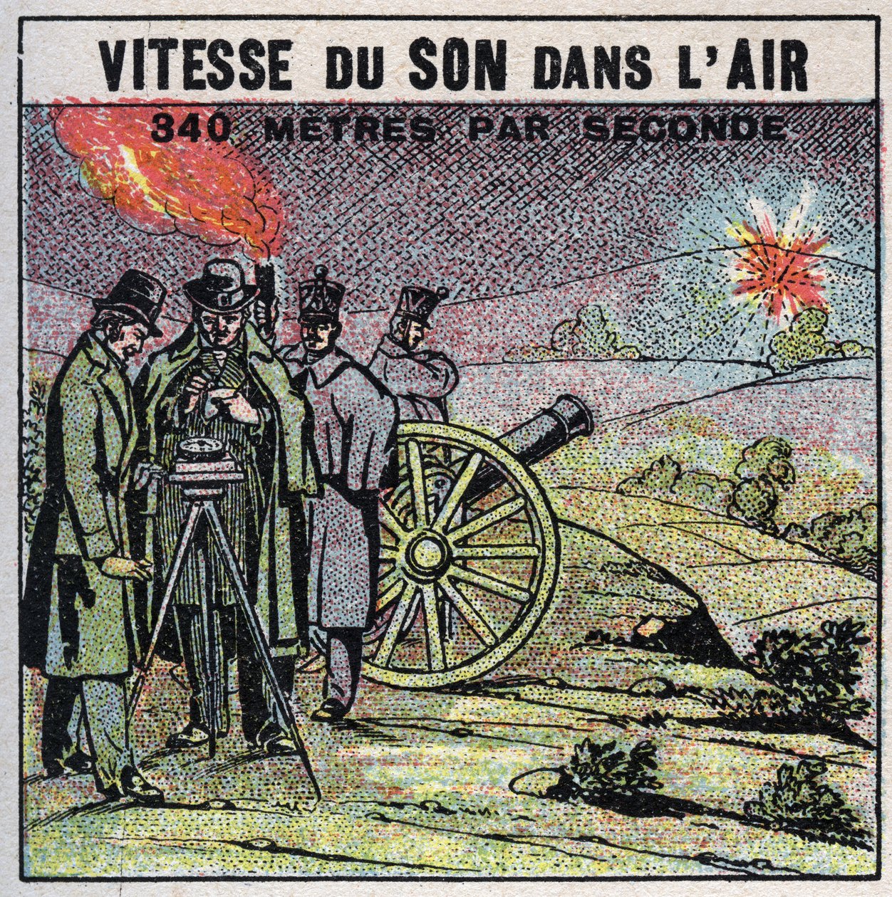 Energia sonora: velocidade do som no ar. Experiência de 1822 de Louis-Joseph Gay-Lussac (Louis Joseph Gay Lussac) (1778-1850) e François Arago (1786-1853) que disparou uma série de tiros de canhão entre Montlhery e Villejuif. Ilustração anônima de 1925 de Anonymous Anonymous