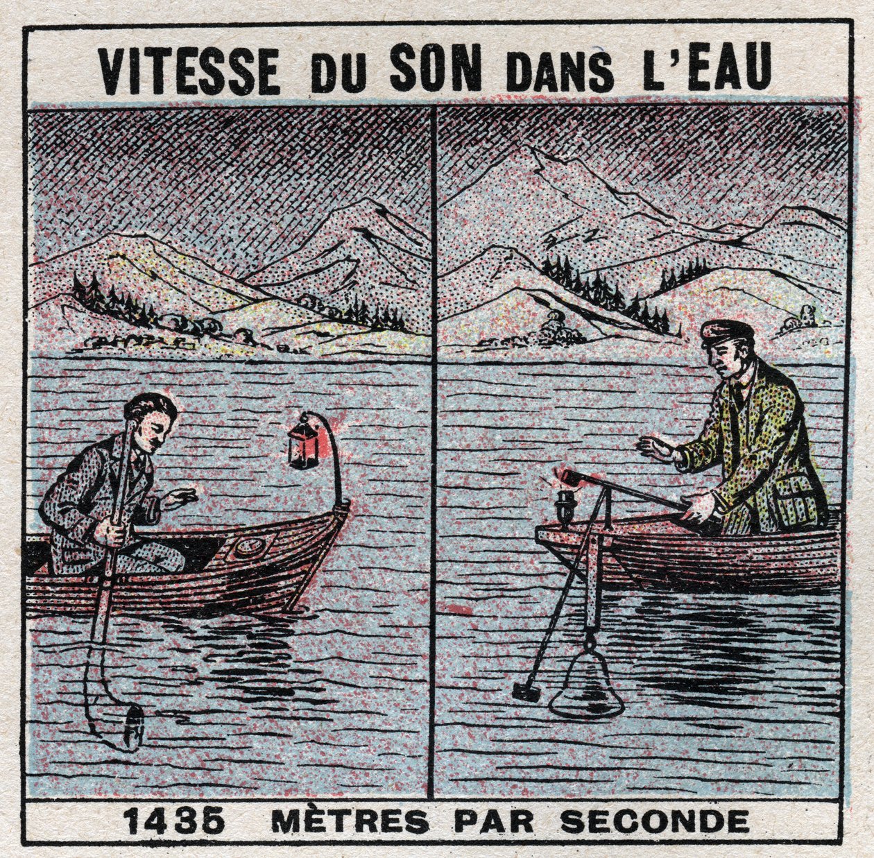 Energia sonora: velocidade do som na água. Experiência de 1826-1827 por Jean Daniel (Jean-Daniel) Colladon (1802-1893) e Charles Francois Sturm (1803-1855) no Lago Genebra (Lago Leman). Dois barcos atracados a 14 km de distância entre si, um dos barcos sup de Anonymous Anonymous
