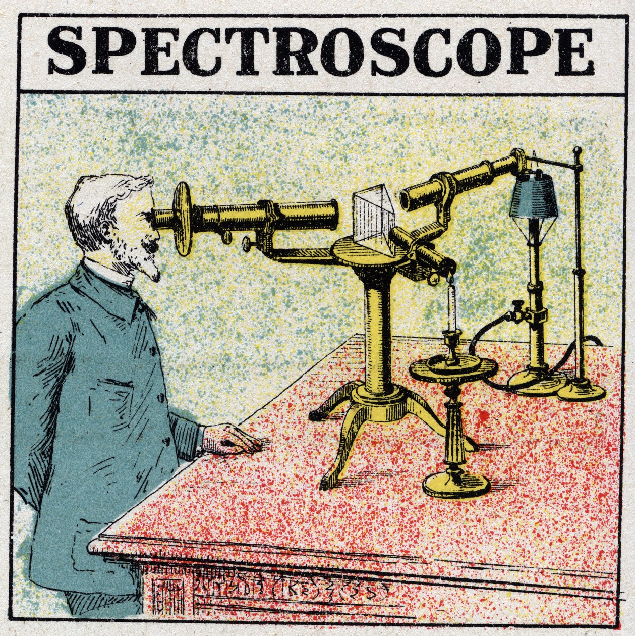 Análise espectral: um espectroscópio. Ilustração anônima de 1925. Coleção privada. de Anonymous Anonymous
