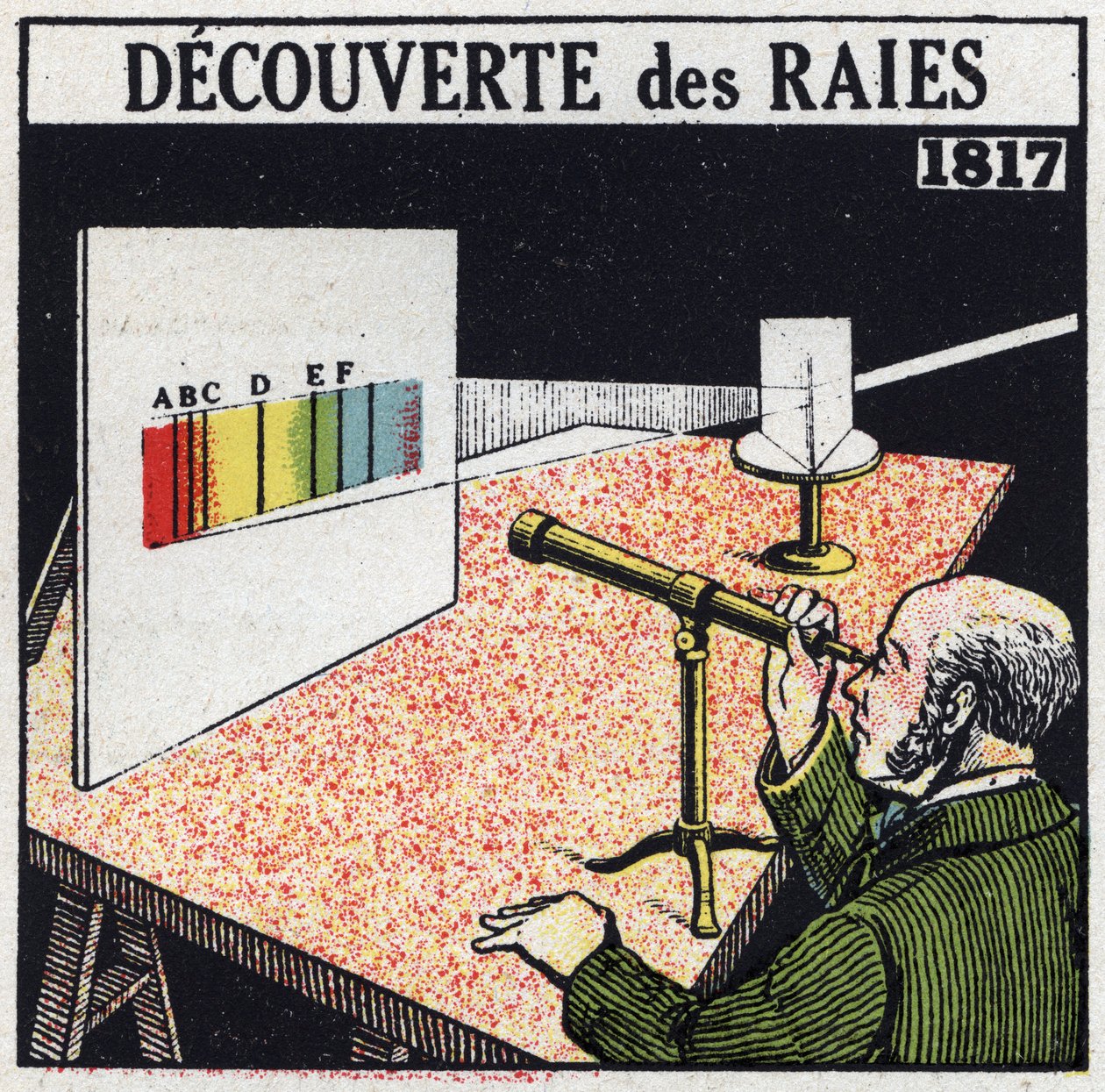 Análise espectral: descoberta dos raios por Joseph von Fraunhofer (1787-1826) em 1817. Ilustração anônima a partir de 1925. Coleção particular. de Anonymous Anonymous