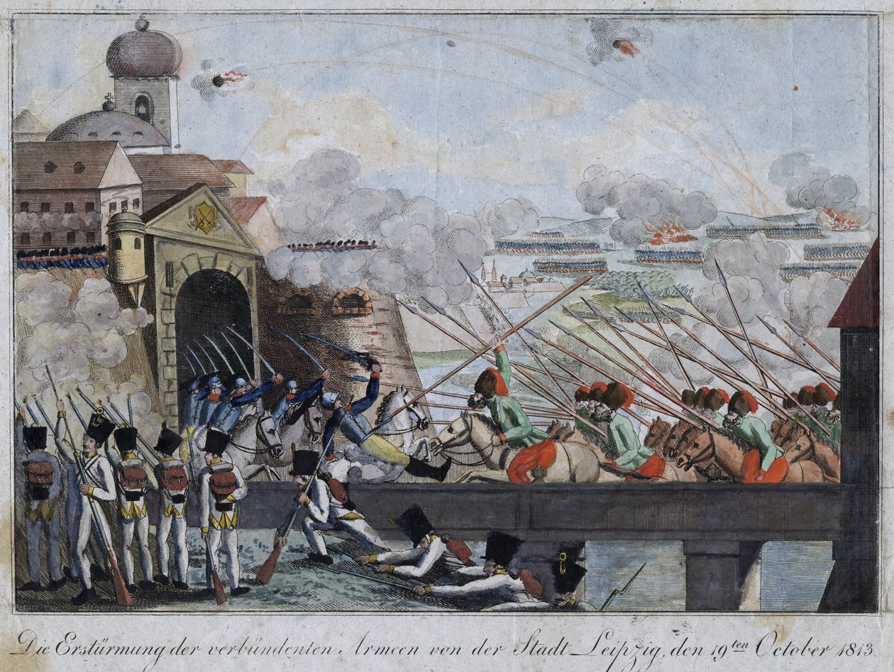 Ataque da cidade de Leipzig pelas tropas Aliadas - bataille de Leipzig ou bataille des nations (16-19 sctobre 1813) - Anónimo - 1813 - Gravura, aguarela - 33,3x27 - Colecção Privada de Anonymous Anonymous