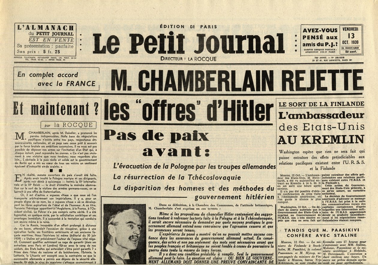 O JORNAL DE JORNADORES DE FEVEREIRO 13 DE OUTUBRO DE 1939 Neville CHAMBERLAIN (1869-1940) REJEITAM as ofertas de Adolf Hitler de Anonymous Anonymous