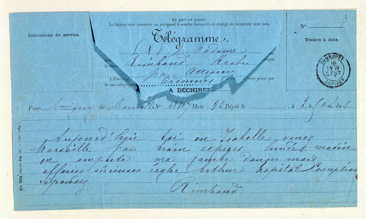 Telegrama de Rimbaud para a sua mãe, Marselha, 22 de Maio de Anonymous Anonymous